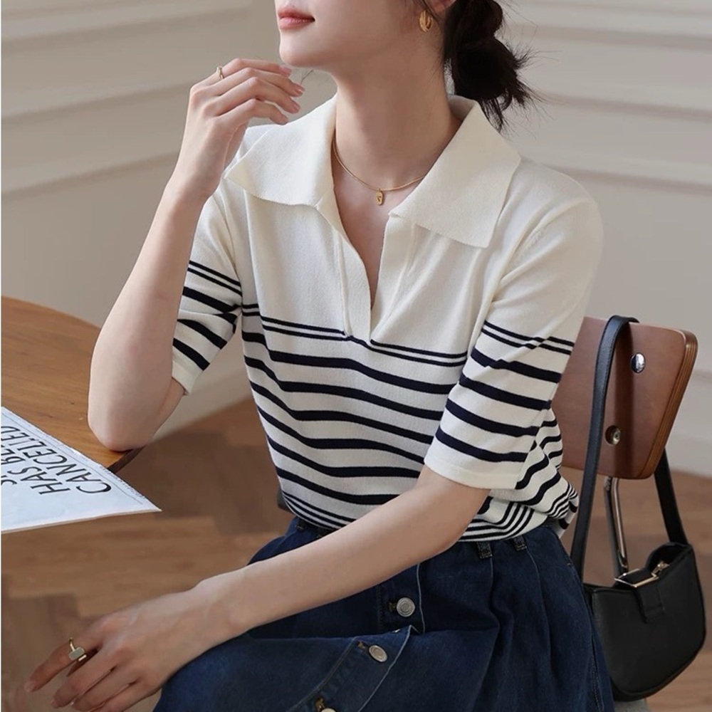 Simple Retro Davian Stripe Polo Knit Shirt